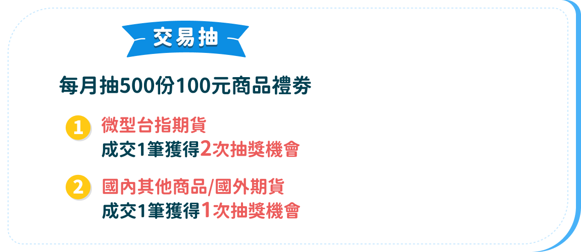 交易抽 每月抽500份100元商品禮劵 1.微型台指期貨 成交1筆獲得2次抽獎機會 2.國內其他商品/國外期貨 成交1筆獲得1次抽獎機會